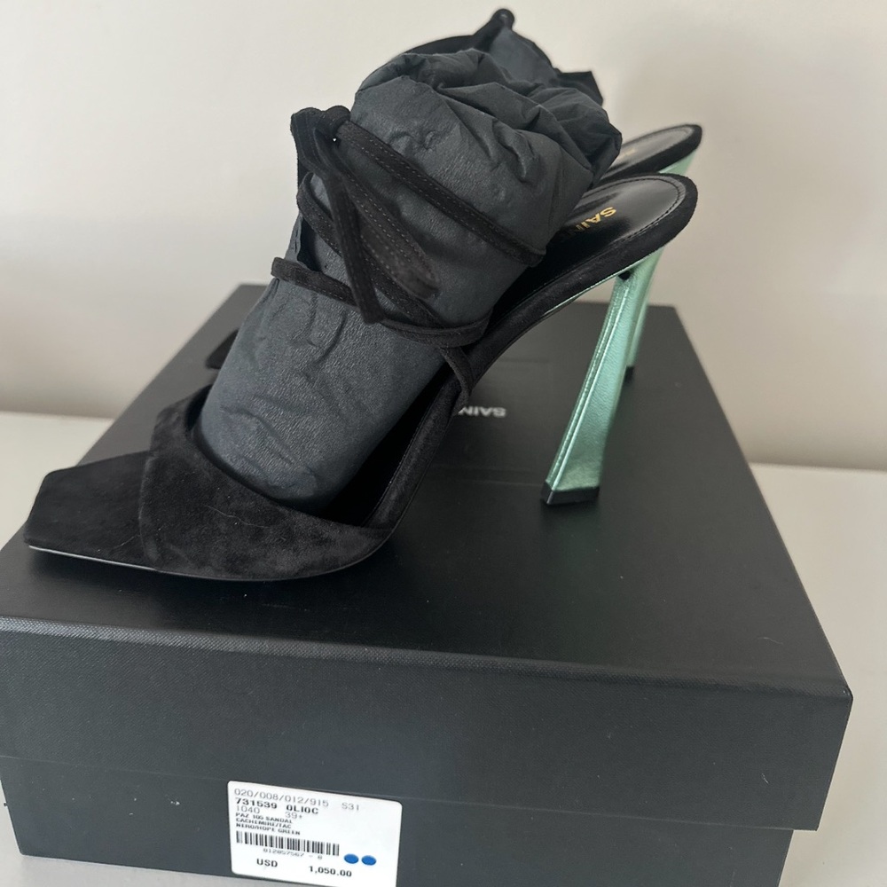 SAINT LAURENT Black Green Suede Metallic Vitti Wrap Around Sandal 39.5 - Picture 2 of 6
